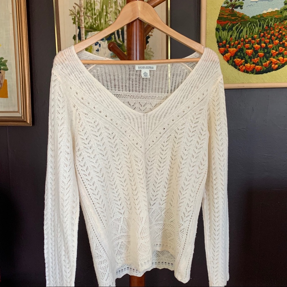 Vintage Ivory Merino Wool Sweater Pointelle Knit V-neck L - Picture 1 of 6